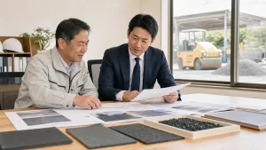 舗装工事会社の経営者とM&Aアドバイザーが舗装計画資料と重機ヤードを確認する様子