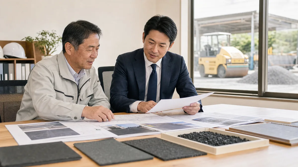 舗装工事会社の経営者とM&Aアドバイザーが舗装計画資料と重機ヤードを確認する様子