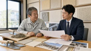 左官工事会社の経営者とM&Aアドバイザーが左官道具と仕上げサンプルを確認する様子