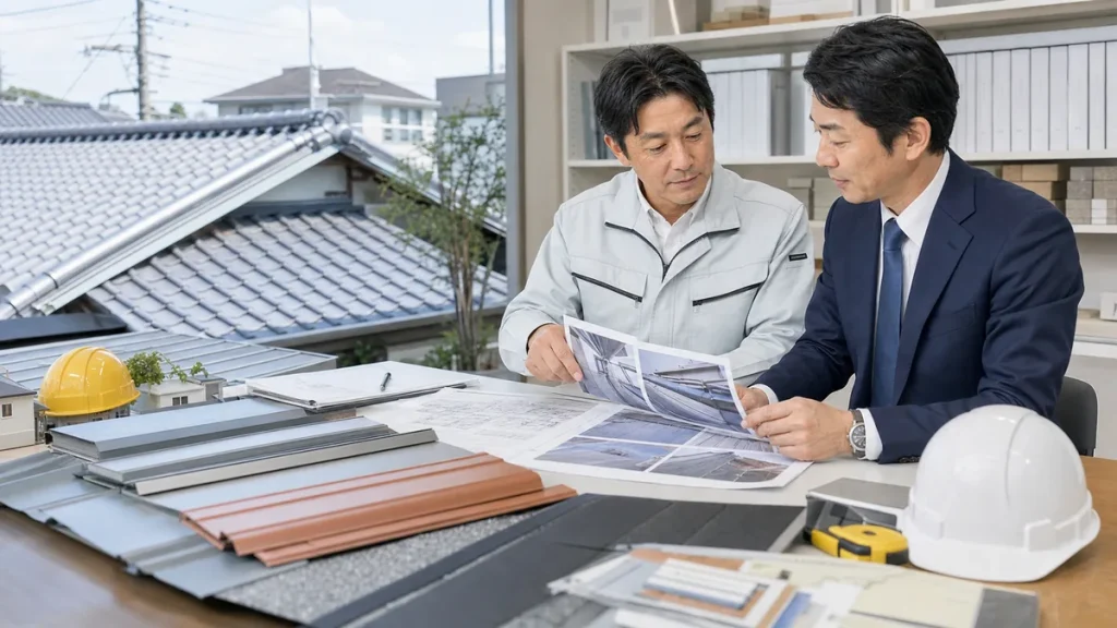 屋根工事会社の経営者とM&Aアドバイザーが屋根点検写真と板金サンプルを確認する様子