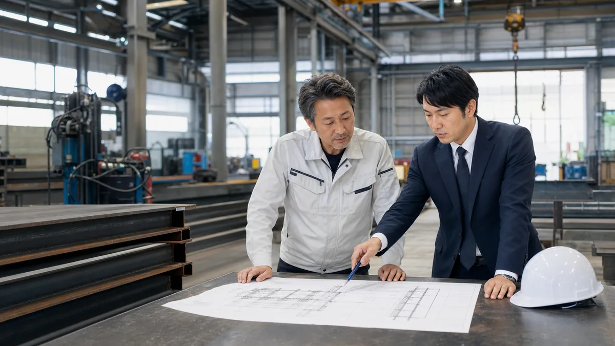 鉄骨加工場で建設会社の経営者とM&Aアドバイザーが図面を確認する様子