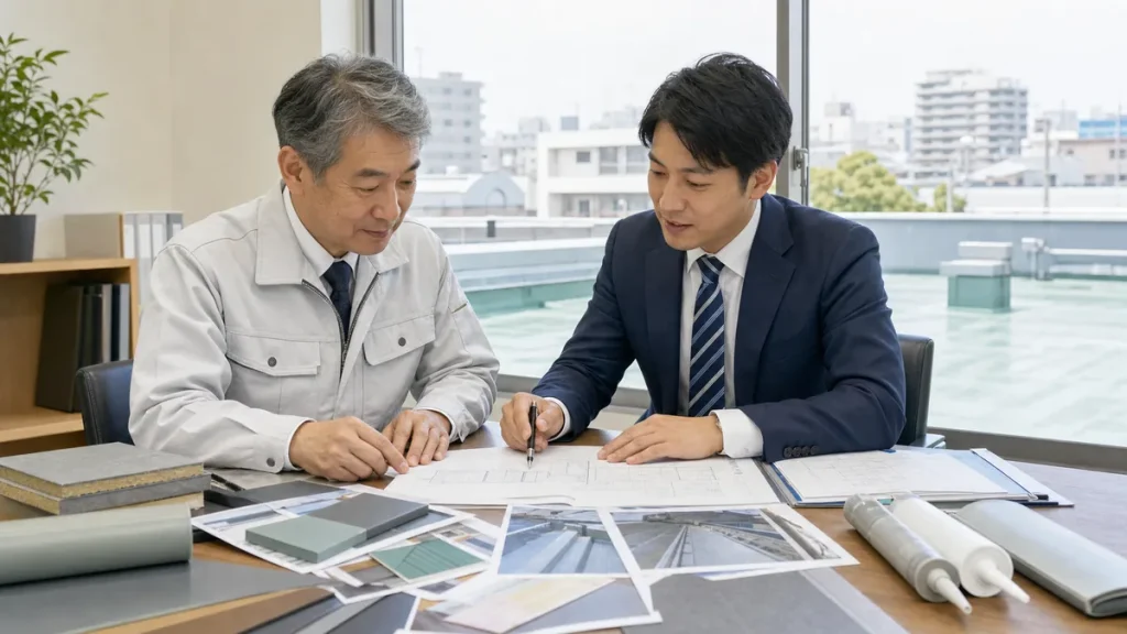 防水工事会社の経営者とM&Aアドバイザーが屋上防水の点検写真と保証資料を確認する様子
