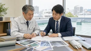 防水工事会社の経営者とM&Aアドバイザーが屋上防水の点検写真と保証資料を確認する様子