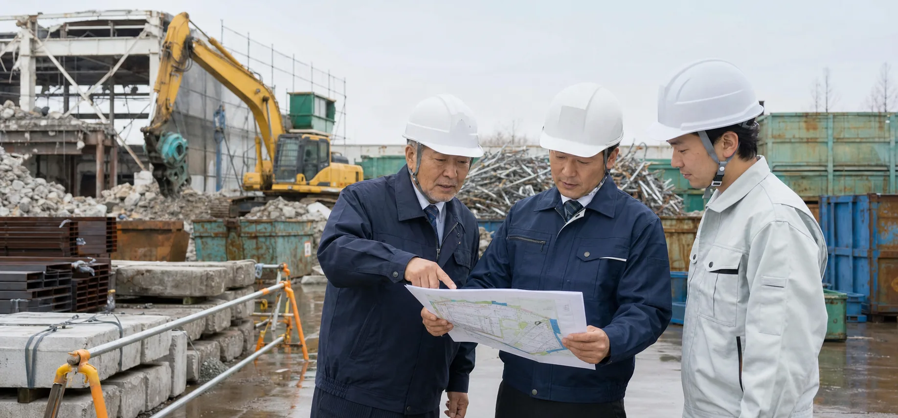 解体工事会社とリサイクル企業のM&Aと資源循環を表す様子