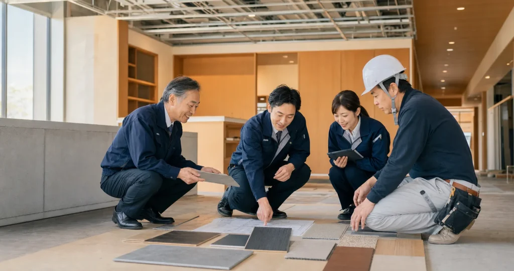 内装仕上げ工事会社の友好的M&Aと現場承継を表す様子