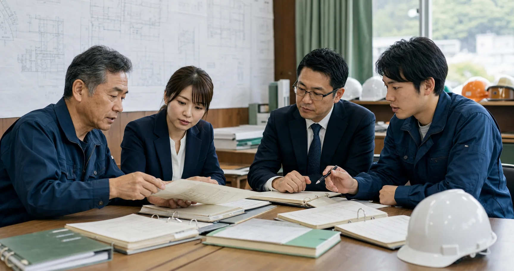 建設会社の経営者・担当者・専門家がデューデリジェンス資料を確認する様子