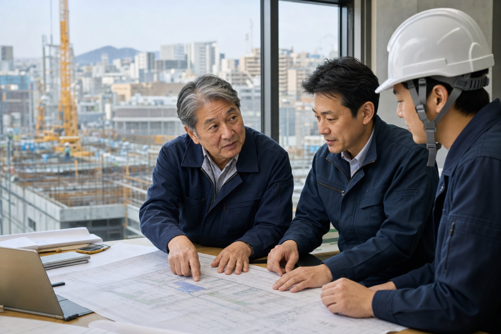 福岡の建設会社 M&Aについて建設現場で協議する経営者と現場責任者と承継支援者