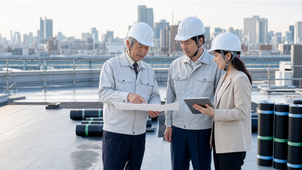 防水工事の現場でM&Aによる事業承継を相談する経営者と後継者