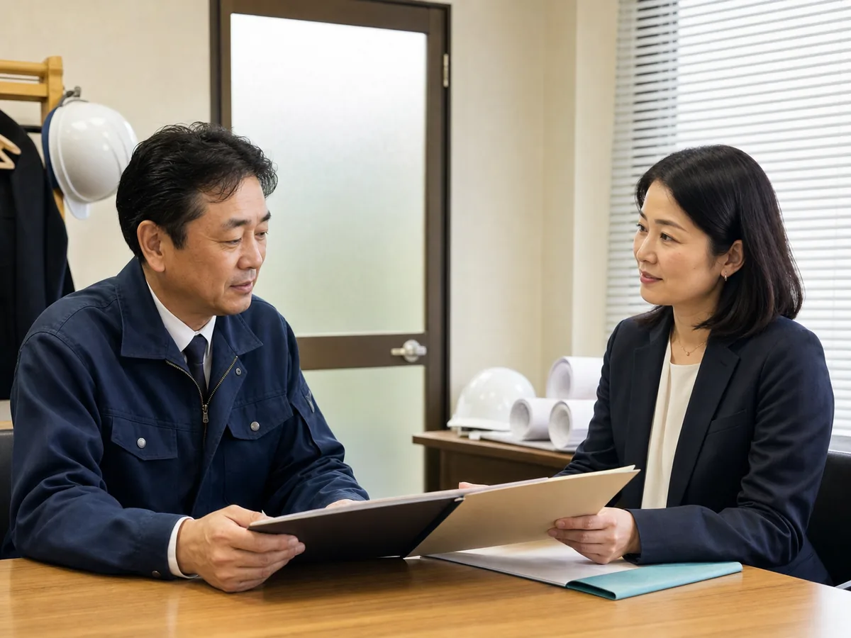 個室で建設会社の事業承継と秘密保持について相談する経営者