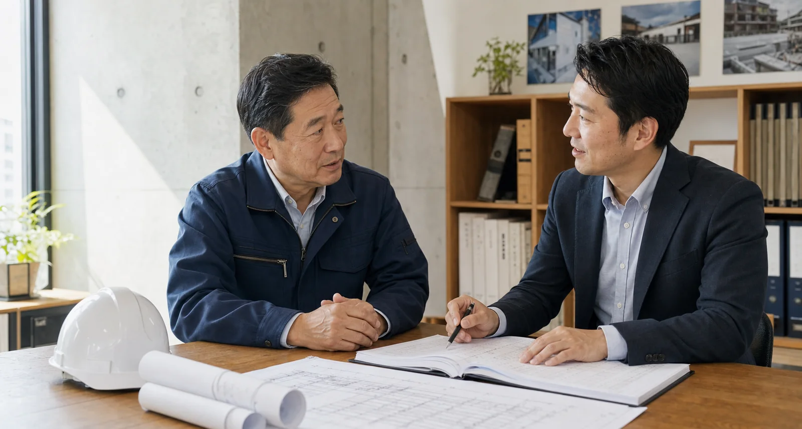 建設会社の経営者とM&A担当者が図面を見ながら事業承継を相談する様子