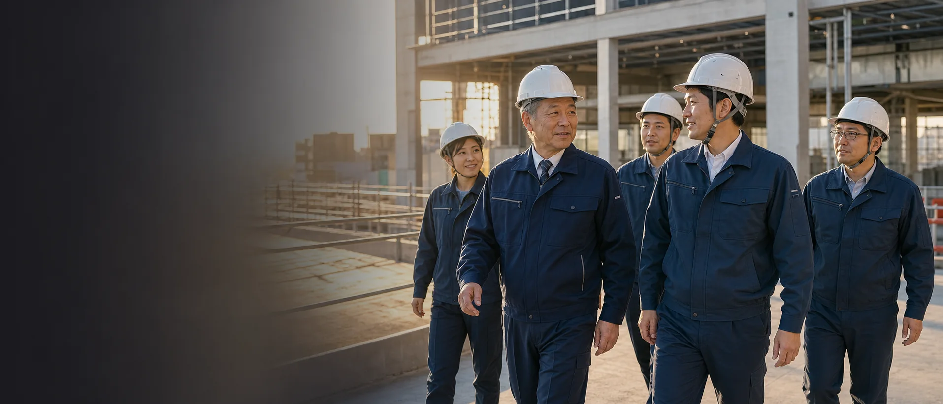 建設会社の経営者と次世代経営者が現場スタッフと承継後の現場を歩く様子