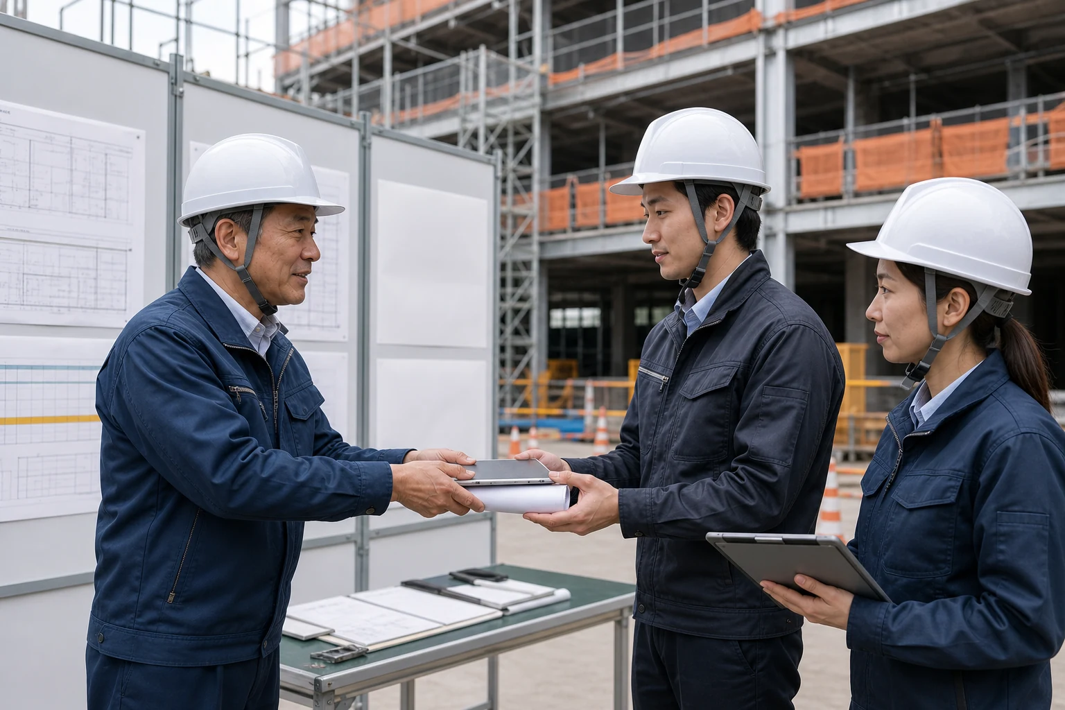 建設工事の図面や安全・品質管理の手順を次世代へ引き継ぐイメージ