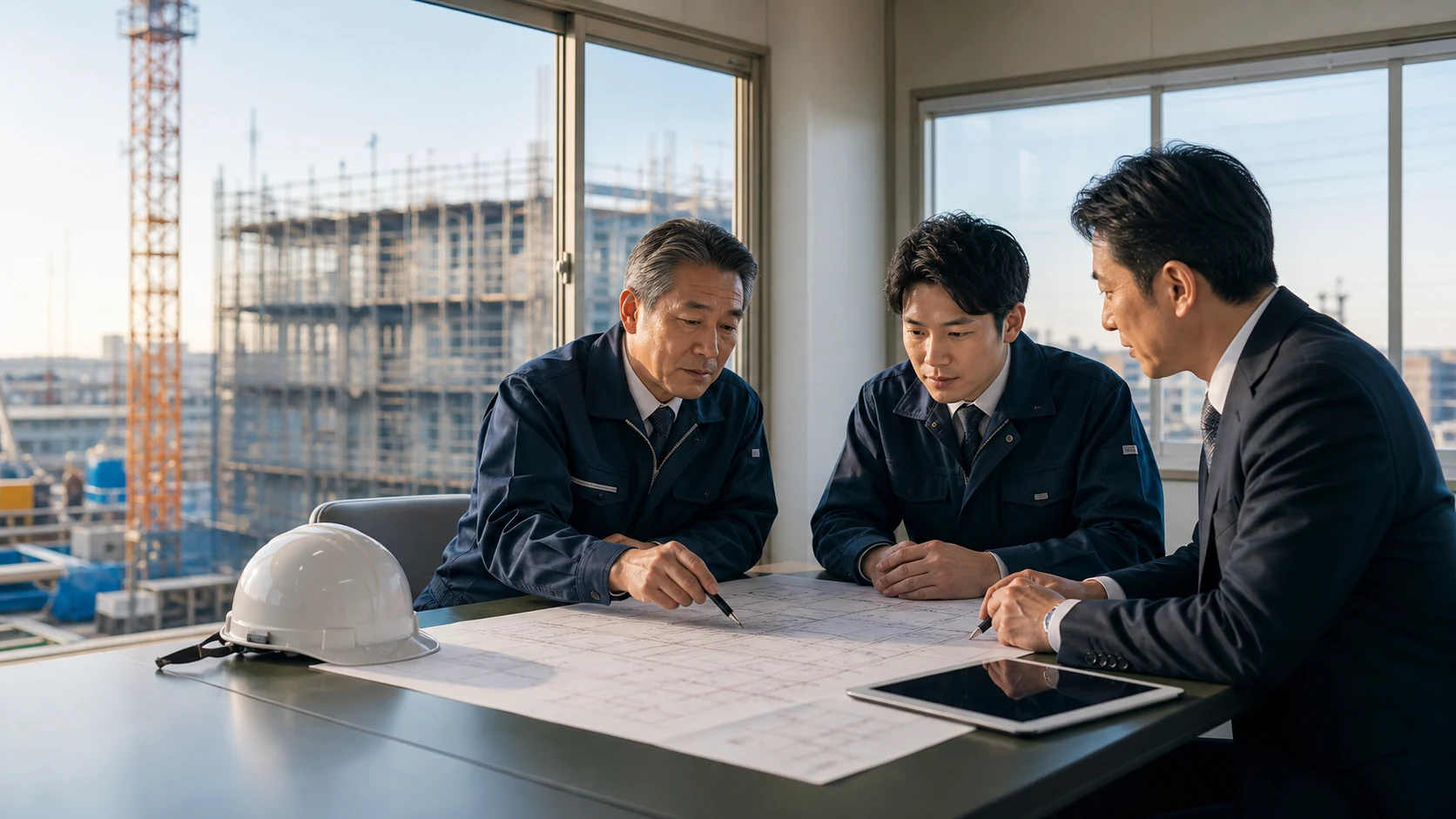 建設会社の経営者と次世代責任者が事業承継の計画を確認するイメージ